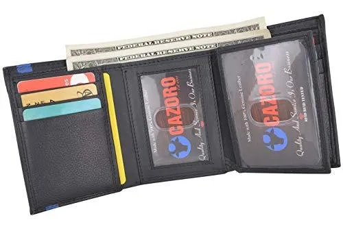 Men's Genuine Soft Leather RFID Trifold Wallet 2 ID Windows & Credit Card Holder Black RFID611288