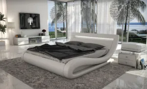 Modrest Corsica - Contemporary White Leatherette Bed with Headboard lights