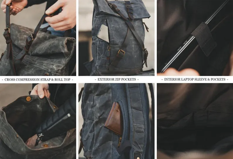 Rolltop Backpack Waxed Canvas Travel Backpack Hiking Backpack