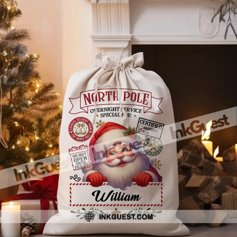 Santa Christmas North Pole Custom Name, Personalized String Bag, Christmas Gift