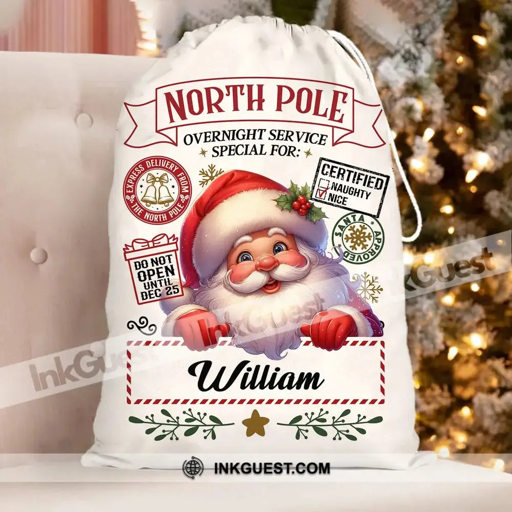 Santa Christmas North Pole Custom Name, Personalized String Bag, Christmas Gift