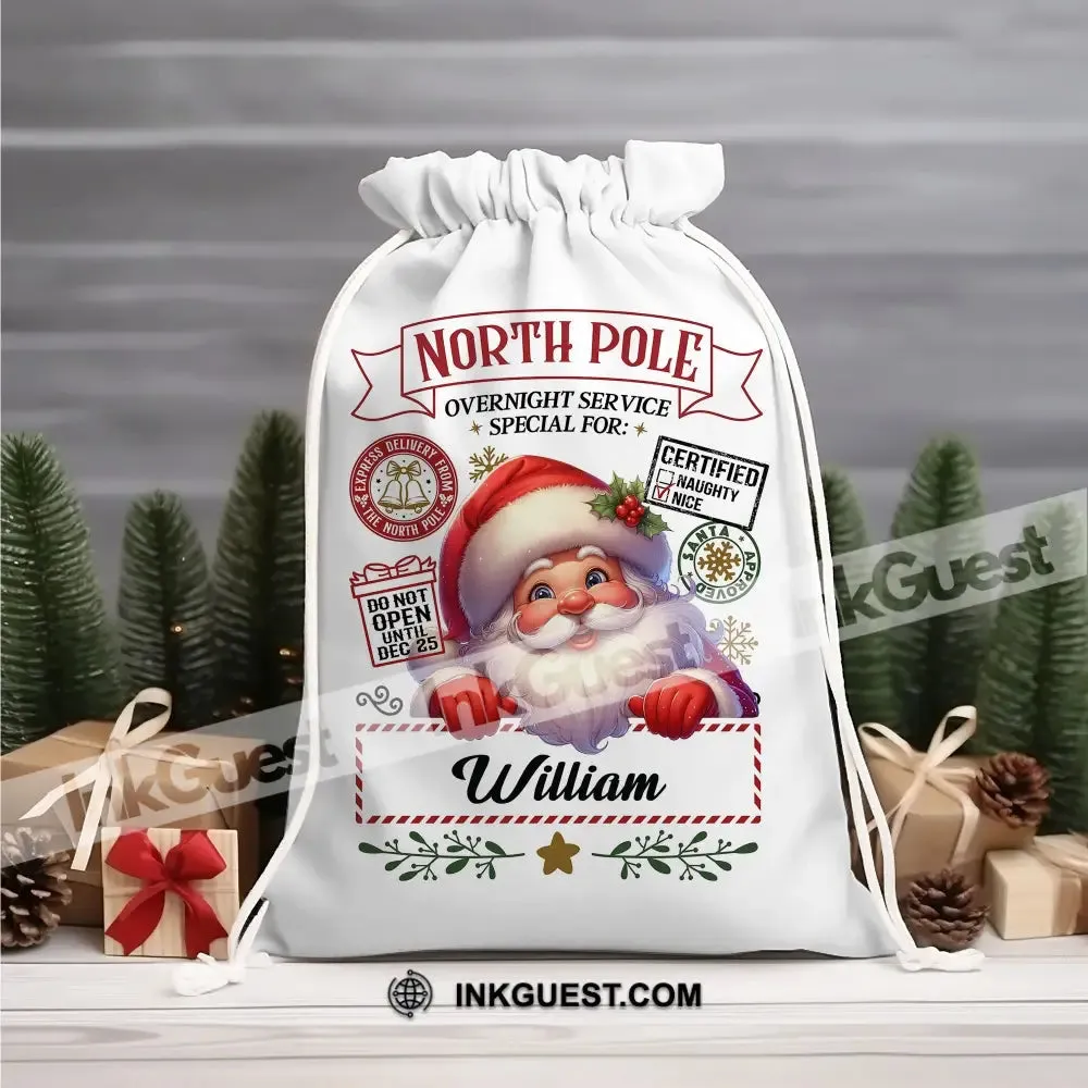 Santa Christmas North Pole Custom Name, Personalized String Bag, Christmas Gift