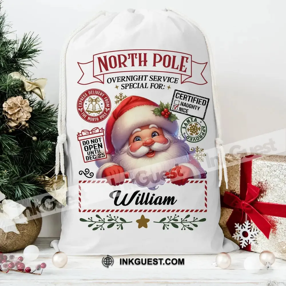 Santa Christmas North Pole Custom Name, Personalized String Bag, Christmas Gift