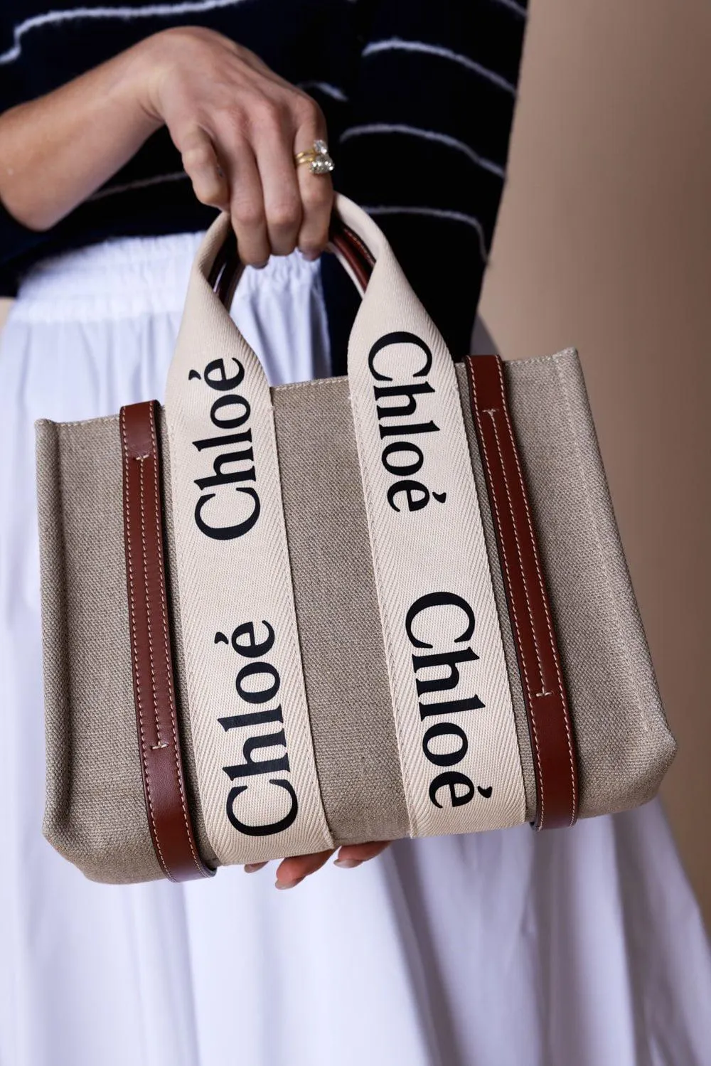 Small Woody Tote Bag - White Brown