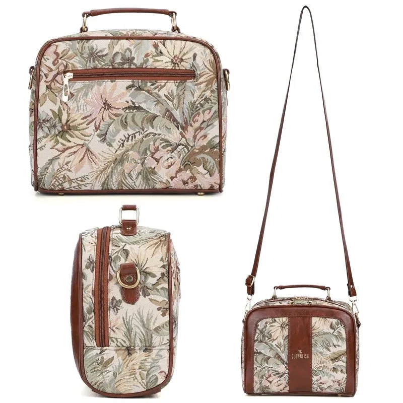 THE CLOWNFISH Combo Of Elsie Series Tapestry Crossbody Sling Bag Single Shoulder Bag & Aria Collection Tapestry Fabric Zip Around Style Womens Wallet Ladies Clutch (Flax)