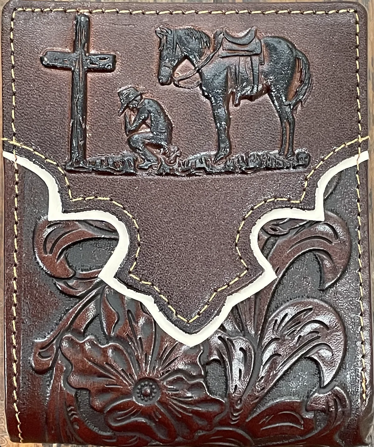 Top Notch Accessories 9001-1CF Coffee Praying Cowboy w/Beige Border & Floral Embossed Bi-Fold Wallet