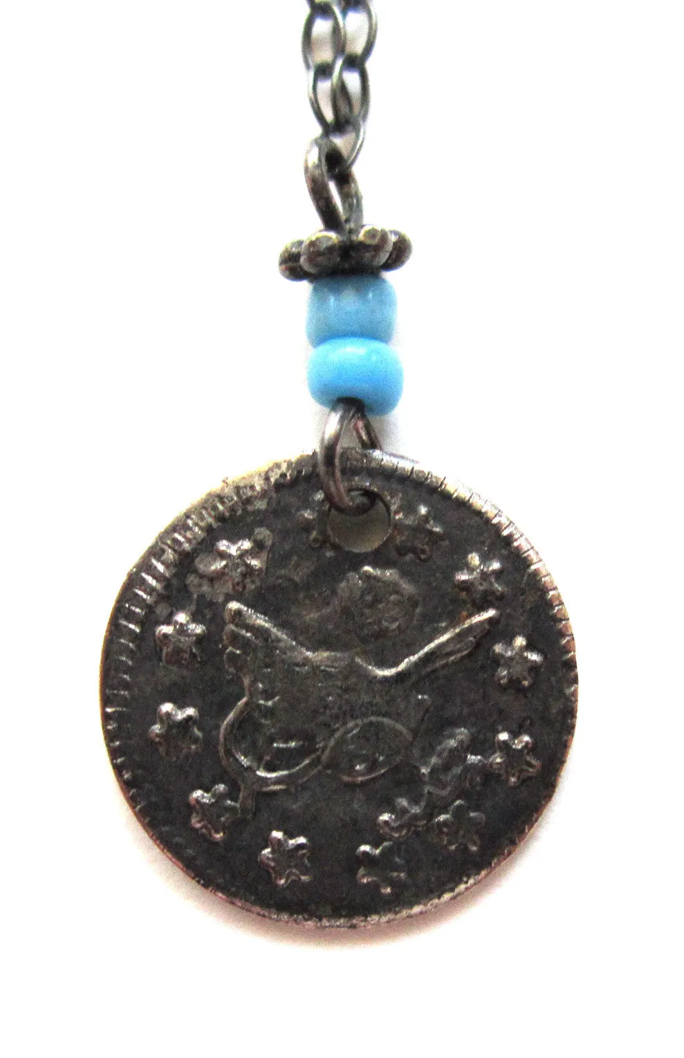 Turkish Coin Pendant with Blue Beads