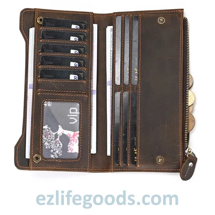 Unisex Genuine Leather Wallet| Long Zipper Slim Wallet| Phone Purse with 12 Cardholders