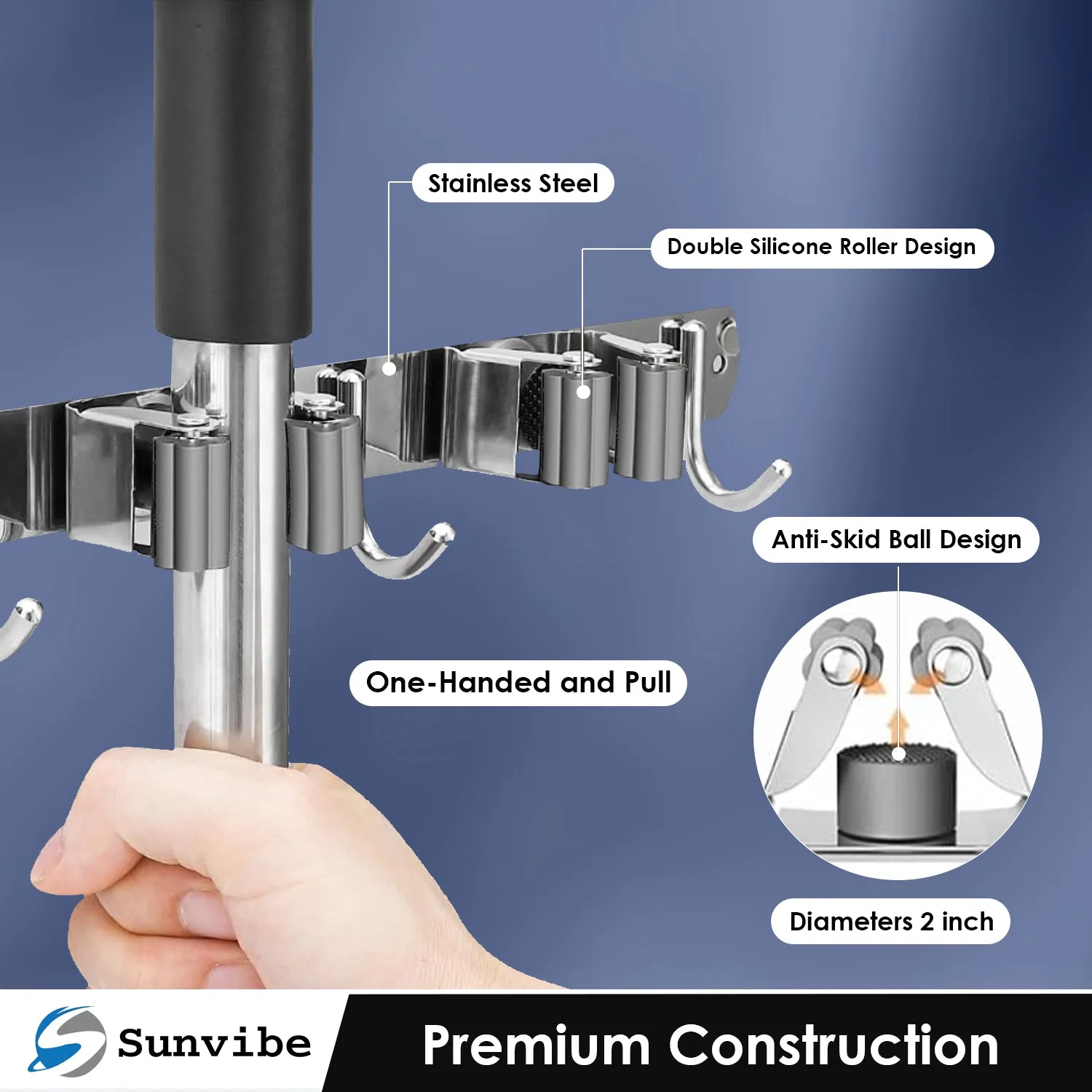 Wall Mounted Stainless Steel Mop and Broom Holder, (3 racks and 4 Hooks) (Silver)