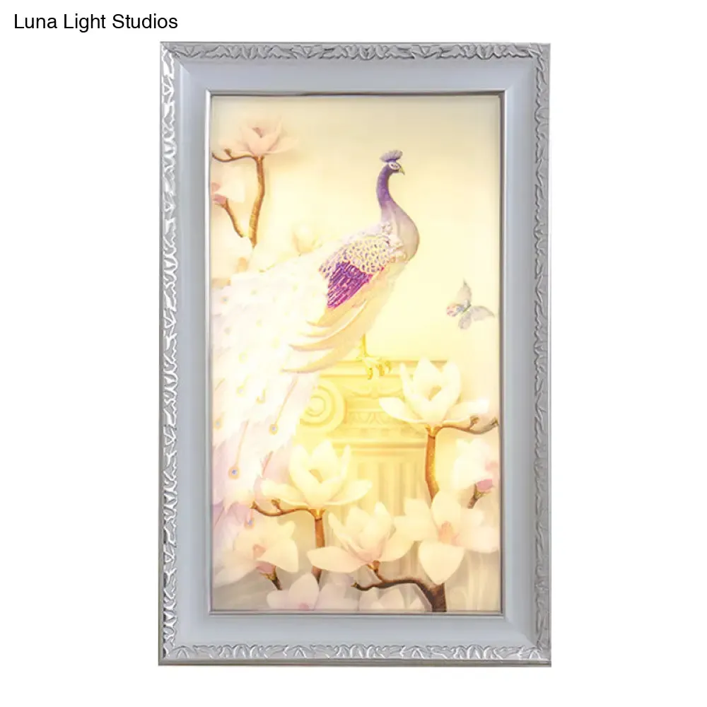 White and Pink LED Acrylic Wall Lamp with Oriental Peacock and Magnolia Design