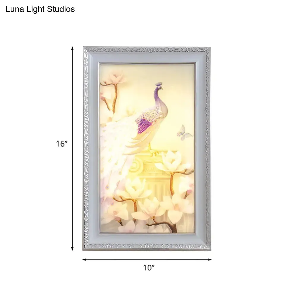 White and Pink LED Acrylic Wall Lamp with Oriental Peacock and Magnolia Design
